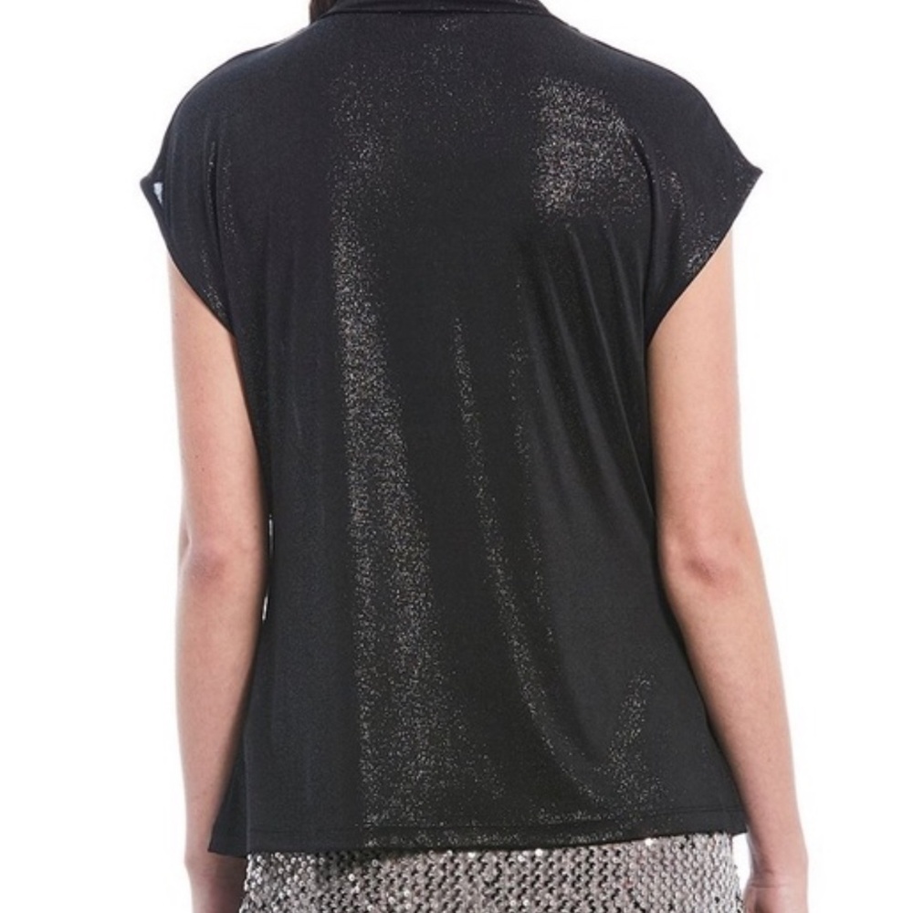 Calvin Klein Black Metallic Shimmer Cowl Drape Neck Stretch Top Blouse - Picture 2 of 9